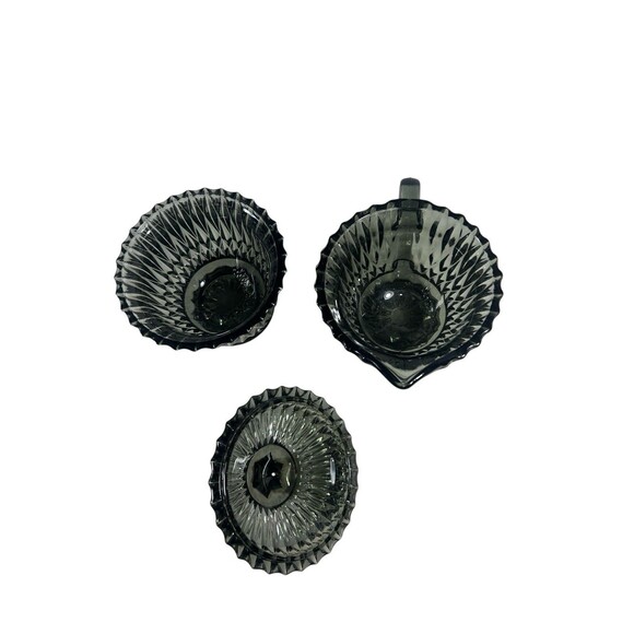 VTG Libbey Glass Creamer & Sugar Bowl Set Smoke Grey Starburst Pattern MCM - Picture 9 of 10